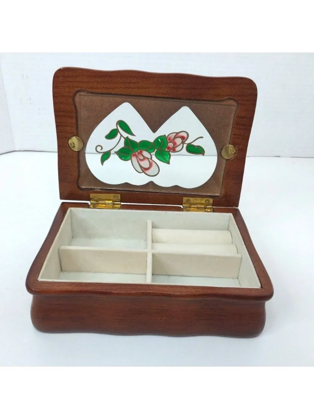Heart-Shaped Wooden Jewelry Box Stained Glass Style Flower Inlay